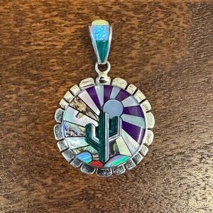 Sterling Silver Inlay Cactus Pendant
